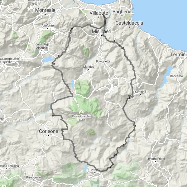 Map miniature of "Mountain Challenge" cycling inspiration in Sicilia, Italy. Generated by Tarmacs.app cycling route planner