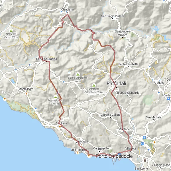 Miniatura della mappa di ispirazione al ciclismo "Gravel tra Realmonte e Montaperto" nella regione di Sicilia, Italy. Generata da Tarmacs.app, pianificatore di rotte ciclistiche