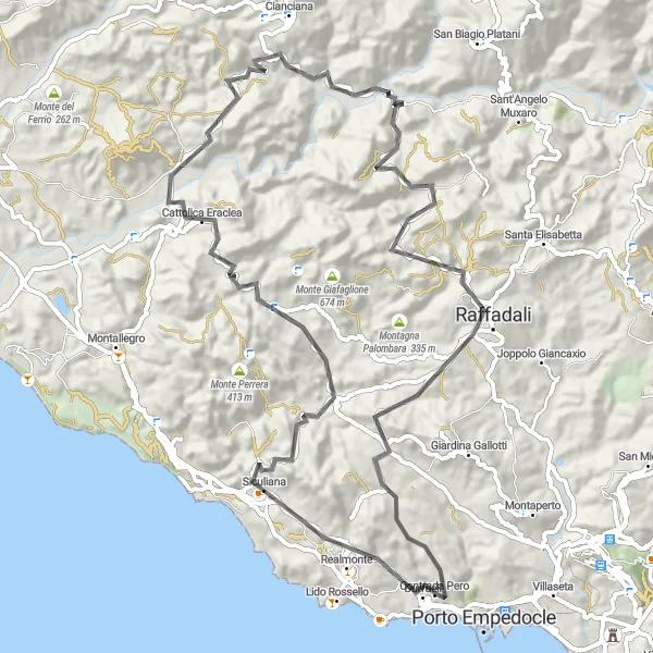 Miniatura della mappa di ispirazione al ciclismo "Road tra Realmonte e Raffadali" nella regione di Sicilia, Italy. Generata da Tarmacs.app, pianificatore di rotte ciclistiche