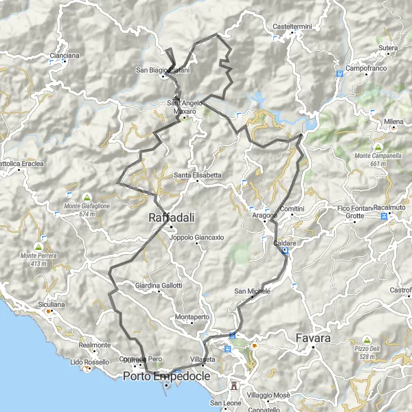 Miniatura della mappa di ispirazione al ciclismo "Road tra Porto Empedocle e Agrigento" nella regione di Sicilia, Italy. Generata da Tarmacs.app, pianificatore di rotte ciclistiche