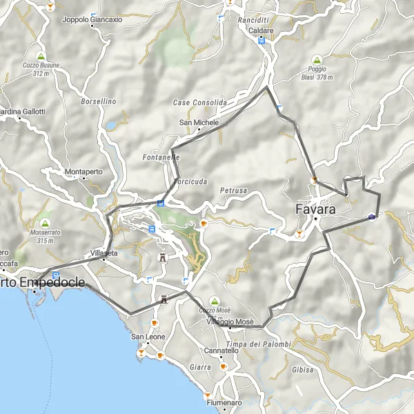 Miniatura della mappa di ispirazione al ciclismo "Road tra Villaseta e Maddalusa" nella regione di Sicilia, Italy. Generata da Tarmacs.app, pianificatore di rotte ciclistiche