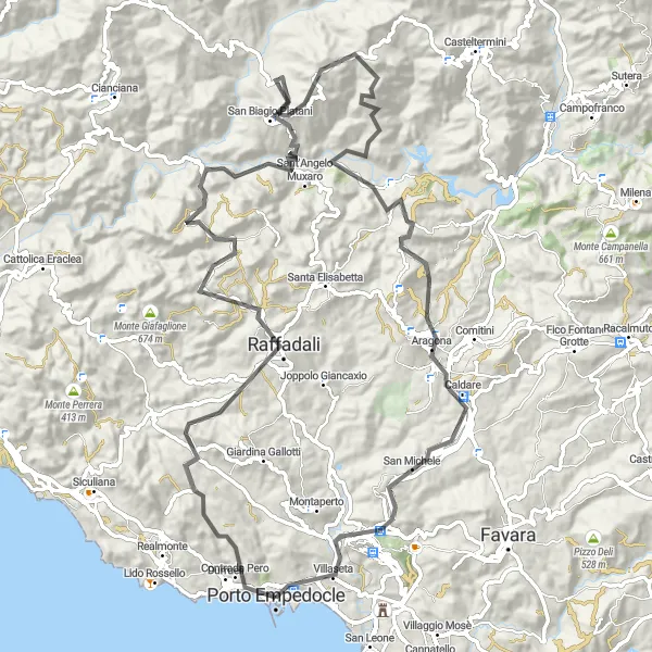 Miniatura della mappa di ispirazione al ciclismo "Road Porto Empedocle Route" nella regione di Sicilia, Italy. Generata da Tarmacs.app, pianificatore di rotte ciclistiche