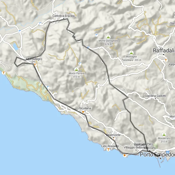 Miniatura della mappa di ispirazione al ciclismo "Tour in bicicletta da Realmonte a Monte della Salina" nella regione di Sicilia, Italy. Generata da Tarmacs.app, pianificatore di rotte ciclistiche