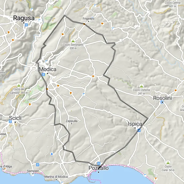 Map miniature of "Pozzallo Loop" cycling inspiration in Sicilia, Italy. Generated by Tarmacs.app cycling route planner