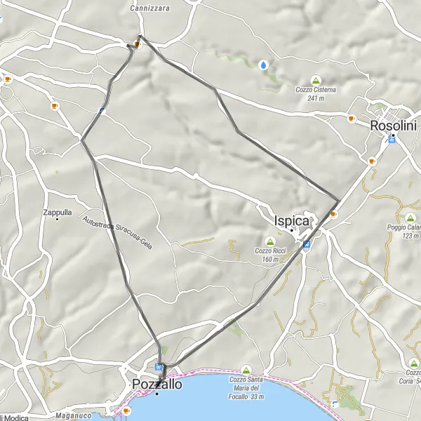 Miniatura della mappa di ispirazione al ciclismo "Giro in Bici da Pozzallo a Ispica" nella regione di Sicilia, Italy. Generata da Tarmacs.app, pianificatore di rotte ciclistiche