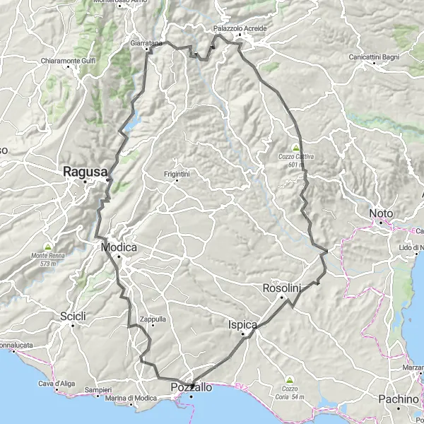 Map miniature of "The Hillside Adventure" cycling inspiration in Sicilia, Italy. Generated by Tarmacs.app cycling route planner