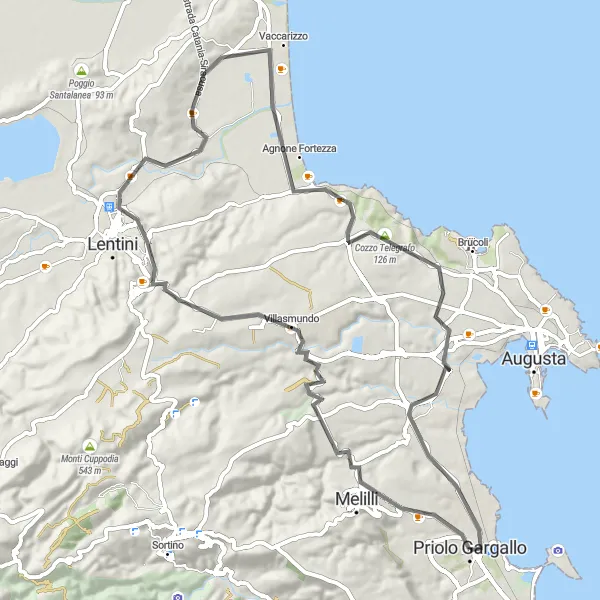 Map miniature of "Priolo Gargallo to Cozzo Telegrafo Loop" cycling inspiration in Sicilia, Italy. Generated by Tarmacs.app cycling route planner