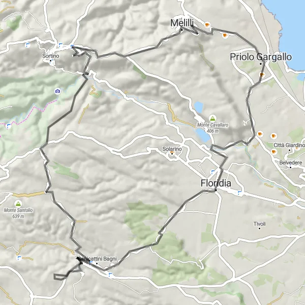 Map miniature of "Priolo Gargallo to Cozzo San Mauro Loop" cycling inspiration in Sicilia, Italy. Generated by Tarmacs.app cycling route planner