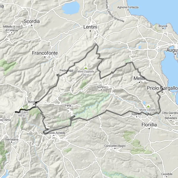 Miniatura della mappa di ispirazione al ciclismo "Sfida in mountain bike tra Monte Lauro e Melilli" nella regione di Sicilia, Italy. Generata da Tarmacs.app, pianificatore di rotte ciclistiche