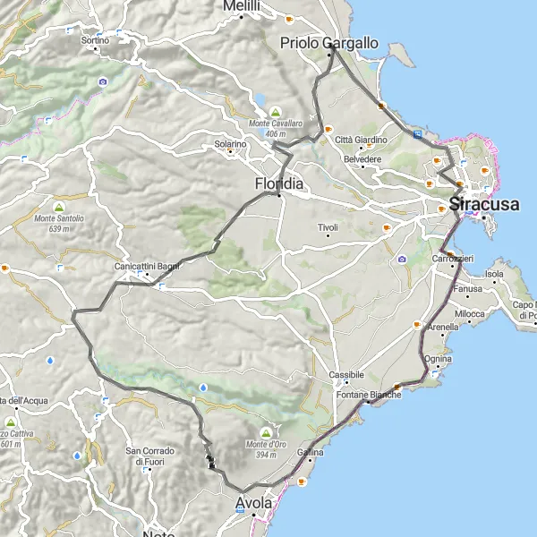 Map miniature of "Priolo Gargallo - Anfiteatro romano - Fontane Bianche - Avola" cycling inspiration in Sicilia, Italy. Generated by Tarmacs.app cycling route planner