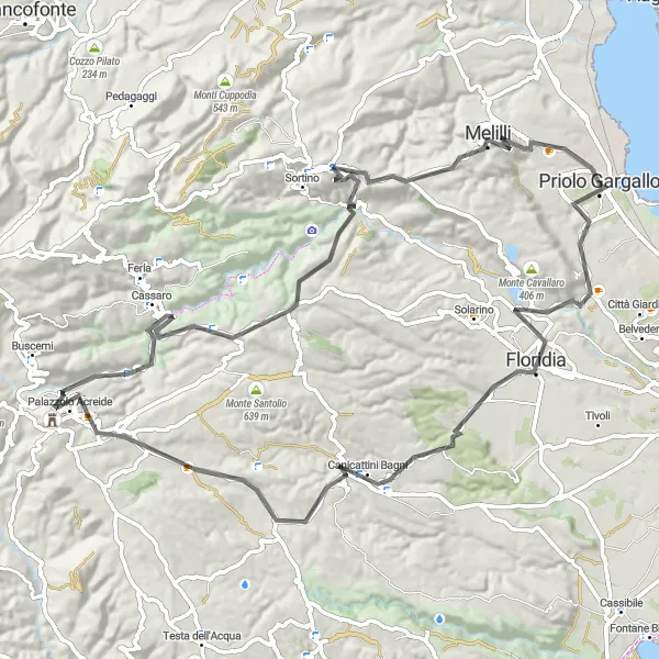 Map miniature of "Priolo Gargallo - Floridia - Canicattini Bagni - Cassaro" cycling inspiration in Sicilia, Italy. Generated by Tarmacs.app cycling route planner