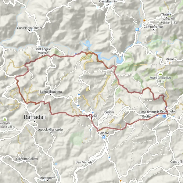 Map miniature of "Discovering Ancient Ruins and Mountaintop Views" cycling inspiration in Sicilia, Italy. Generated by Tarmacs.app cycling route planner