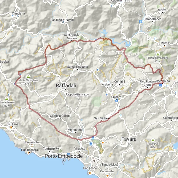 Miniatura della mappa di ispirazione al ciclismo "Esplorazione in mountain bike tra Racalmuto e Monte Pernice" nella regione di Sicilia, Italy. Generata da Tarmacs.app, pianificatore di rotte ciclistiche