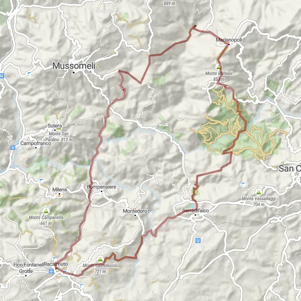 Miniatura della mappa di ispirazione al ciclismo "Esplorazione gravel intorno a Racalmuto" nella regione di Sicilia, Italy. Generata da Tarmacs.app, pianificatore di rotte ciclistiche
