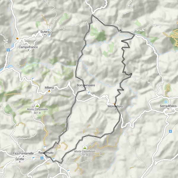 Miniatura della mappa di ispirazione al ciclismo "Giro in bicicletta su strada tra Racalmuto e Monte Castelluccio" nella regione di Sicilia, Italy. Generata da Tarmacs.app, pianificatore di rotte ciclistiche