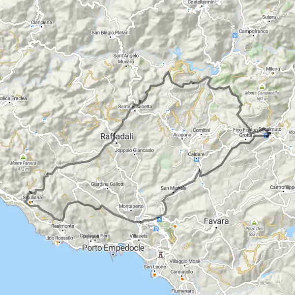 Miniatura della mappa di ispirazione al ciclismo "Tour in bicicletta tra i tesori della Sicilia" nella regione di Sicilia, Italy. Generata da Tarmacs.app, pianificatore di rotte ciclistiche