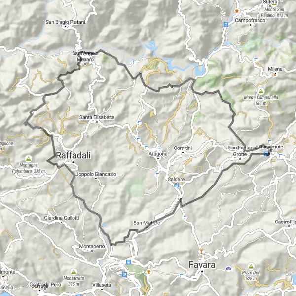 Map miniature of "Scenic Exploration of Racalmuto" cycling inspiration in Sicilia, Italy. Generated by Tarmacs.app cycling route planner