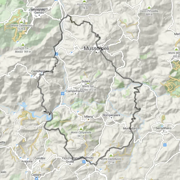 Miniatura della mappa di ispirazione al ciclismo "Giro in bicicletta esplorativo da Racalmuto" nella regione di Sicilia, Italy. Generata da Tarmacs.app, pianificatore di rotte ciclistiche