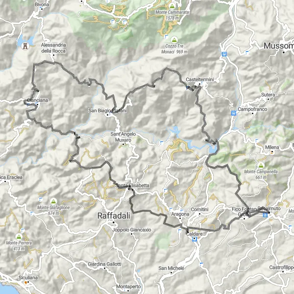Map miniature of "Through Racalmuto and Beyond" cycling inspiration in Sicilia, Italy. Generated by Tarmacs.app cycling route planner