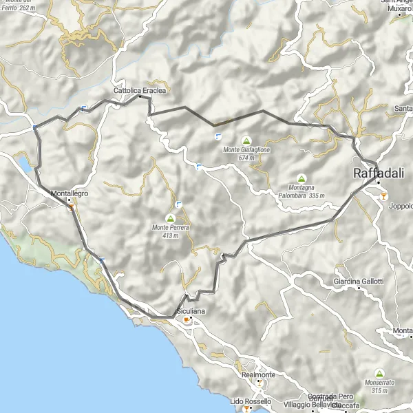 Miniatura della mappa di ispirazione al ciclismo "Il Giro tra Mare e Montagna" nella regione di Sicilia, Italy. Generata da Tarmacs.app, pianificatore di rotte ciclistiche