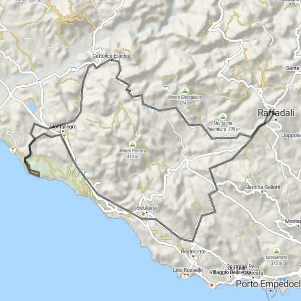 Map miniature of "Raffadali and the Sicilian Coastline" cycling inspiration in Sicilia, Italy. Generated by Tarmacs.app cycling route planner