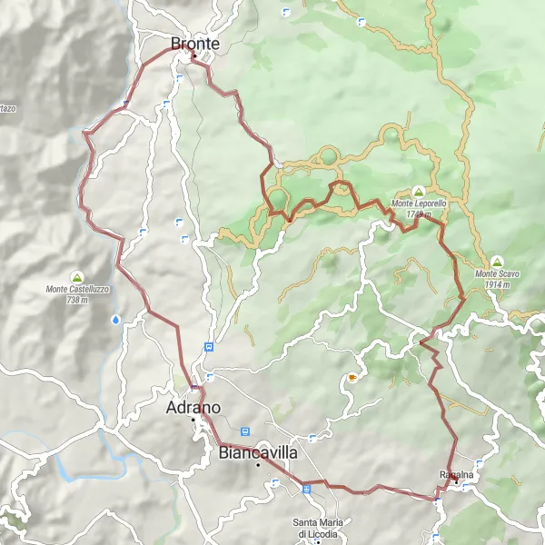 Miniatura della mappa di ispirazione al ciclismo "Esplorazione di Biancavilla e Bronte" nella regione di Sicilia, Italy. Generata da Tarmacs.app, pianificatore di rotte ciclistiche