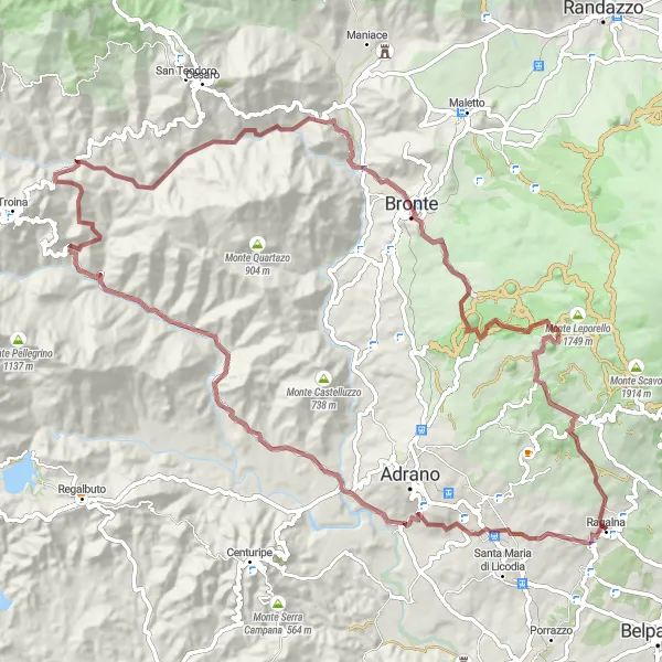 Map miniature of "The Gravel Odyssey to Ragalna" cycling inspiration in Sicilia, Italy. Generated by Tarmacs.app cycling route planner