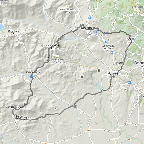 Miniatura della mappa di ispirazione al ciclismo "Tour in Bici tra Paternò e Adrano" nella regione di Sicilia, Italy. Generata da Tarmacs.app, pianificatore di rotte ciclistiche