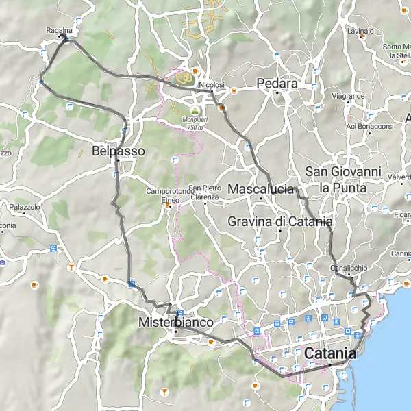 Miniatura della mappa di ispirazione al ciclismo "Giro dei Monti Rossi e Misterbianco" nella regione di Sicilia, Italy. Generata da Tarmacs.app, pianificatore di rotte ciclistiche