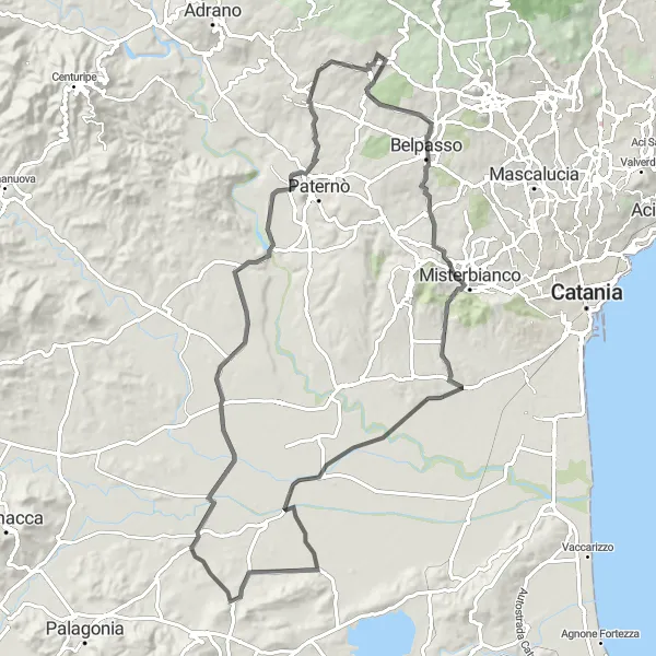 Map miniature of "A Road Cycling Adventure to Ragalna" cycling inspiration in Sicilia, Italy. Generated by Tarmacs.app cycling route planner