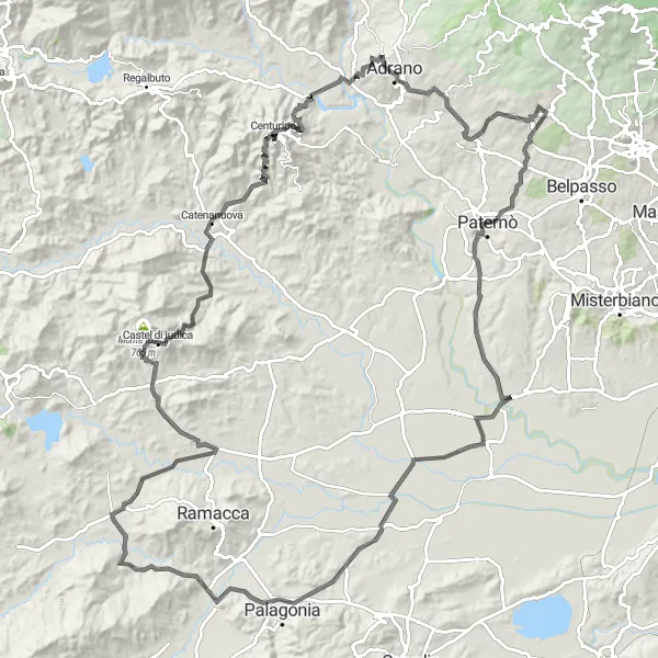 Map miniature of "The Grand Cycling Tour to Ragalna" cycling inspiration in Sicilia, Italy. Generated by Tarmacs.app cycling route planner