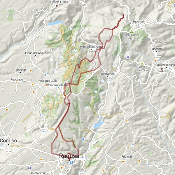 Miniatura della mappa di ispirazione al ciclismo "Villaggi e montagne intorno a Ragusa" nella regione di Sicilia, Italy. Generata da Tarmacs.app, pianificatore di rotte ciclistiche