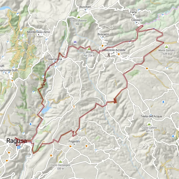 Miniatura della mappa di ispirazione al ciclismo "Giro in bici da sterrato da Ragusa a Ragusa" nella regione di Sicilia, Italy. Generata da Tarmacs.app, pianificatore di rotte ciclistiche