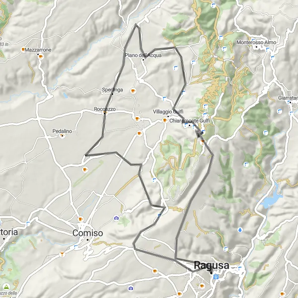 Miniatura della mappa di ispirazione al ciclismo "Giro in bici da strada da Ragusa a Ragusa" nella regione di Sicilia, Italy. Generata da Tarmacs.app, pianificatore di rotte ciclistiche