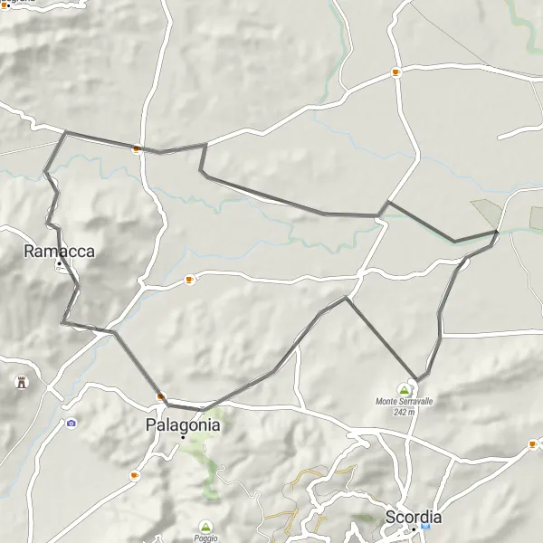 Miniatura della mappa di ispirazione al ciclismo "Giro in bicicletta tra Ramacca e Palagonia" nella regione di Sicilia, Italy. Generata da Tarmacs.app, pianificatore di rotte ciclistiche