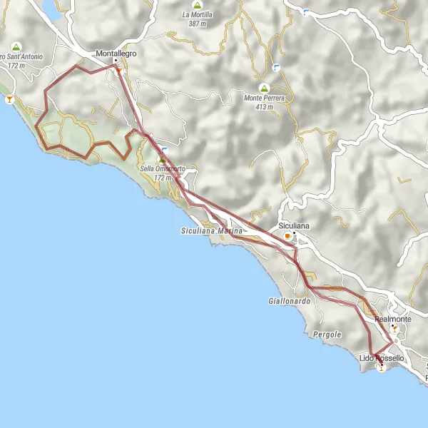 Map miniature of "Realmonte - Siculiana Marina - Monte dell'Eremita - Montallegro - Sella Omomorto - Siculiana" cycling inspiration in Sicilia, Italy. Generated by Tarmacs.app cycling route planner