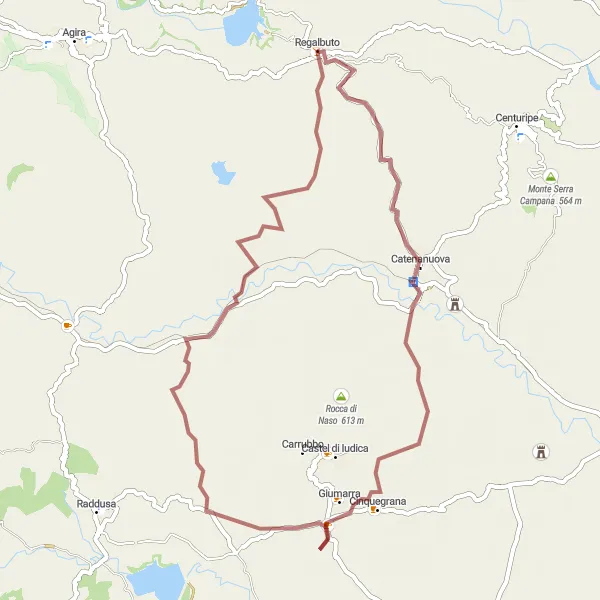 Miniatura della mappa di ispirazione al ciclismo "Percorso in bicicletta su strade sterrate da Regalbuto a Pizzo Pagliarazzo" nella regione di Sicilia, Italy. Generata da Tarmacs.app, pianificatore di rotte ciclistiche