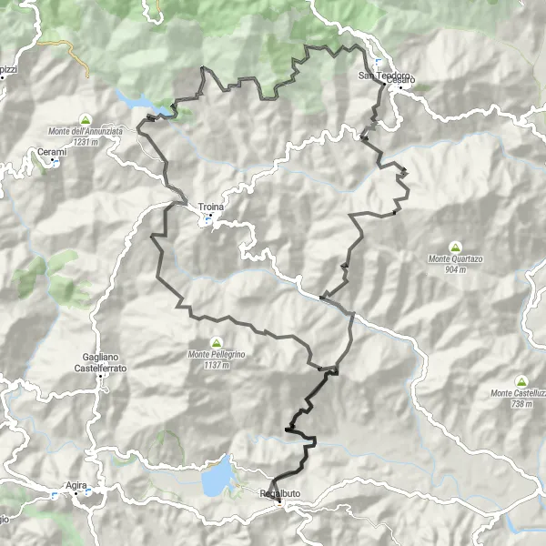 Map miniature of "The Scenic Route to Regalbuto" cycling inspiration in Sicilia, Italy. Generated by Tarmacs.app cycling route planner