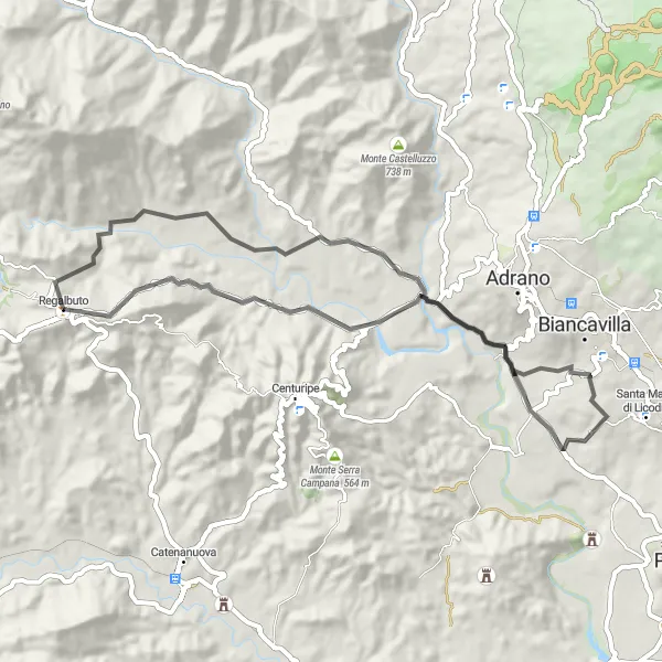 Map miniature of "Exploring the Hills near Regalbuto" cycling inspiration in Sicilia, Italy. Generated by Tarmacs.app cycling route planner