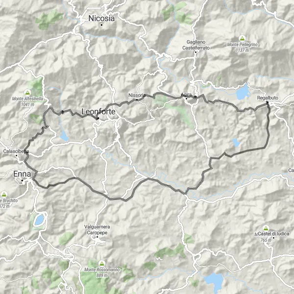 Miniatura della mappa di ispirazione al ciclismo "Giro in bicicletta stradale verso Nissoria" nella regione di Sicilia, Italy. Generata da Tarmacs.app, pianificatore di rotte ciclistiche