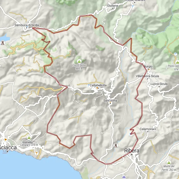 Map miniature of "Exploring Sicilian Countryside" cycling inspiration in Sicilia, Italy. Generated by Tarmacs.app cycling route planner