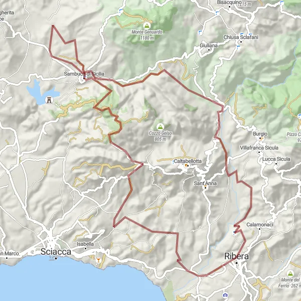 Miniatura della mappa di ispirazione al ciclismo "Giro in Gravel tra Natura e Cultura" nella regione di Sicilia, Italy. Generata da Tarmacs.app, pianificatore di rotte ciclistiche