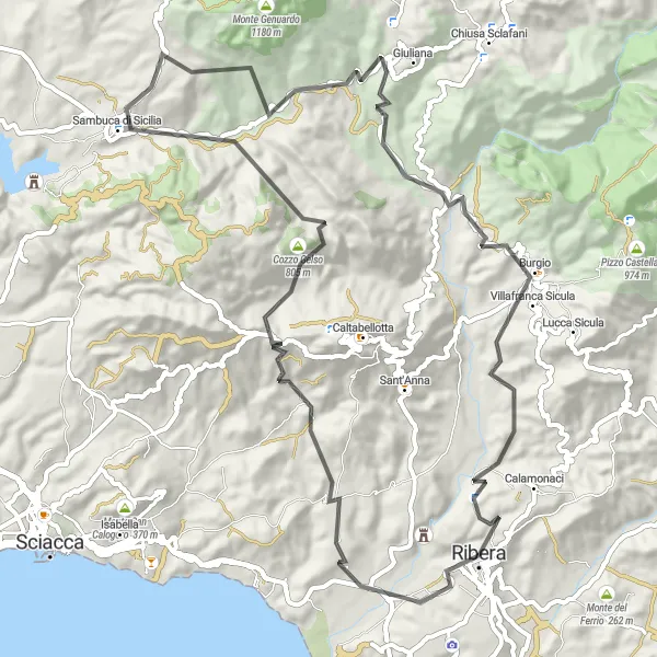 Map miniature of "The Coastal Road Adventure" cycling inspiration in Sicilia, Italy. Generated by Tarmacs.app cycling route planner