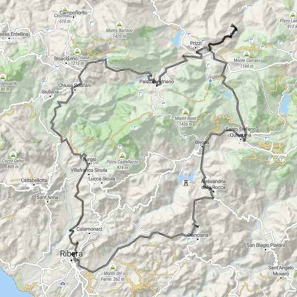 Map miniature of "Sicilian Mountain Adventure" cycling inspiration in Sicilia, Italy. Generated by Tarmacs.app cycling route planner