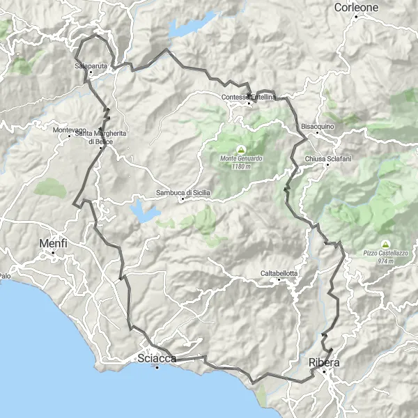 Map miniature of "Palaces and Villages" cycling inspiration in Sicilia, Italy. Generated by Tarmacs.app cycling route planner