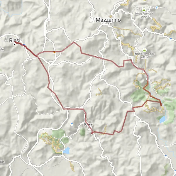 Miniatura della mappa di ispirazione al ciclismo "Giro in bicicletta sterrato da Riesi" nella regione di Sicilia, Italy. Generata da Tarmacs.app, pianificatore di rotte ciclistiche