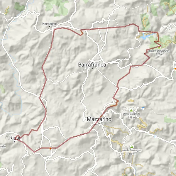 Miniatura della mappa di ispirazione al ciclismo "Giro in bicicletta sterrato da Riesi" nella regione di Sicilia, Italy. Generata da Tarmacs.app, pianificatore di rotte ciclistiche