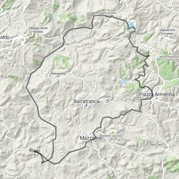 Miniatura della mappa di ispirazione al ciclismo "Giro in bici da Riesi a Monte Cardai" nella regione di Sicilia, Italy. Generata da Tarmacs.app, pianificatore di rotte ciclistiche