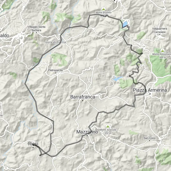 Map miniature of "Riesi to Rocca di Maggio Loop" cycling inspiration in Sicilia, Italy. Generated by Tarmacs.app cycling route planner