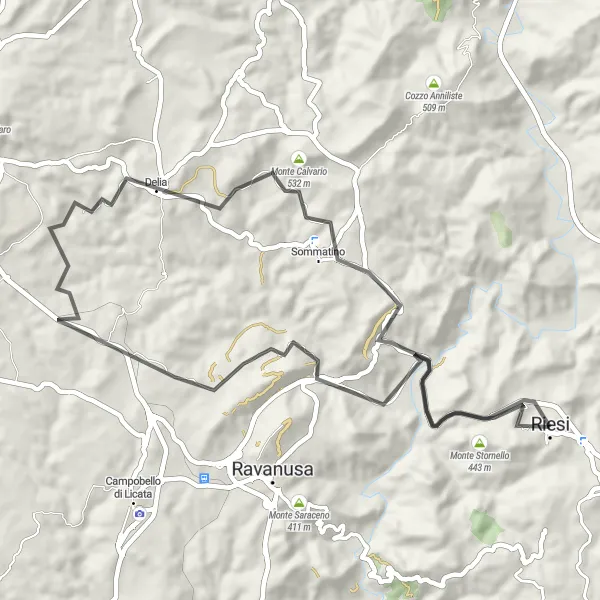 Miniatura della mappa di ispirazione al ciclismo "Giro in bici da Riesi a Monte Giarratano" nella regione di Sicilia, Italy. Generata da Tarmacs.app, pianificatore di rotte ciclistiche